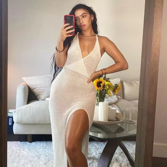 SOLD OUT White Sheer Knit Deep V Sexy Maxi Coverup Dress - Picture 3 of 11